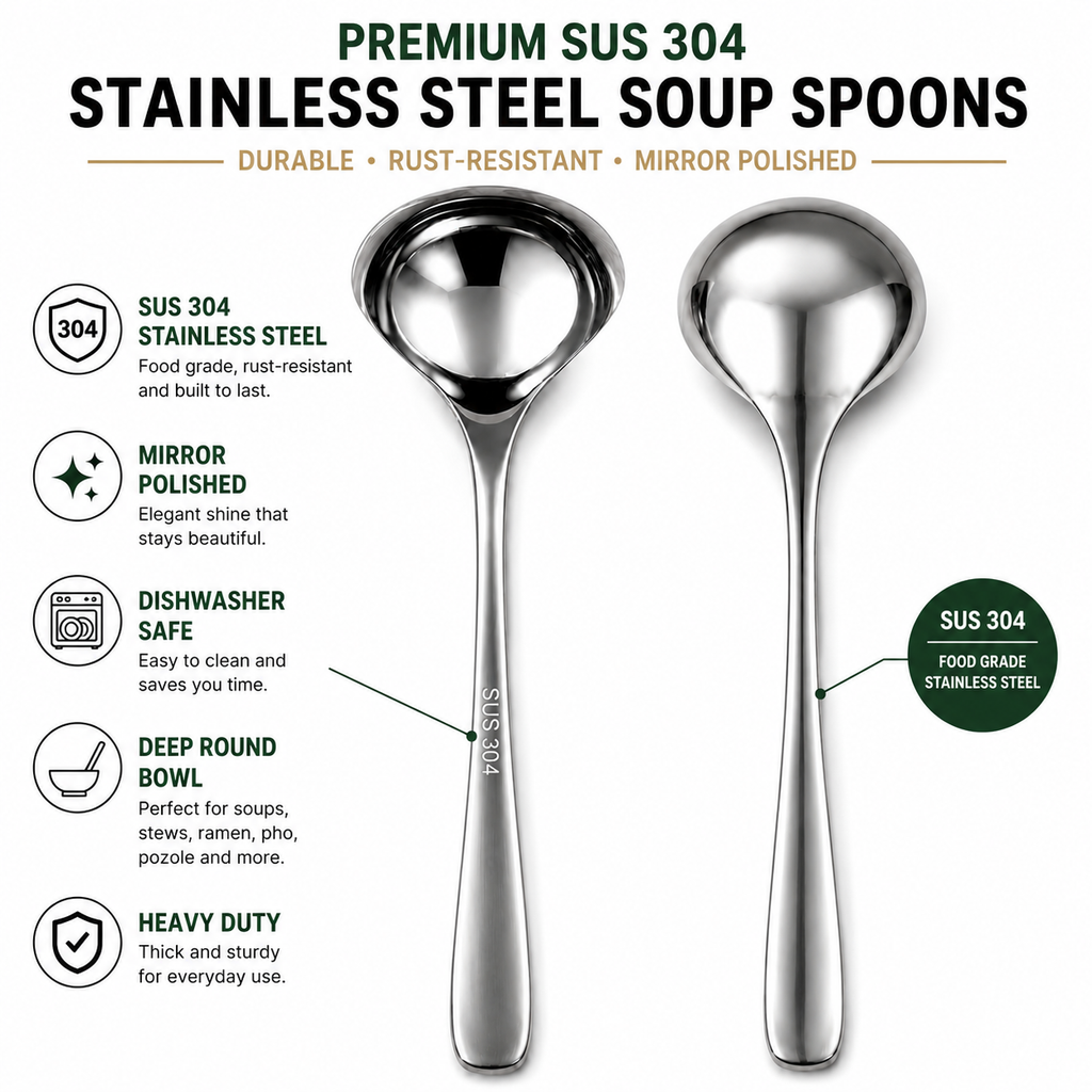 Monvera 4 Pack LARGE SUS 304 Stainless Steel Soup Spoons – Deep Round, Heavy Duty, Dishwasher Safe