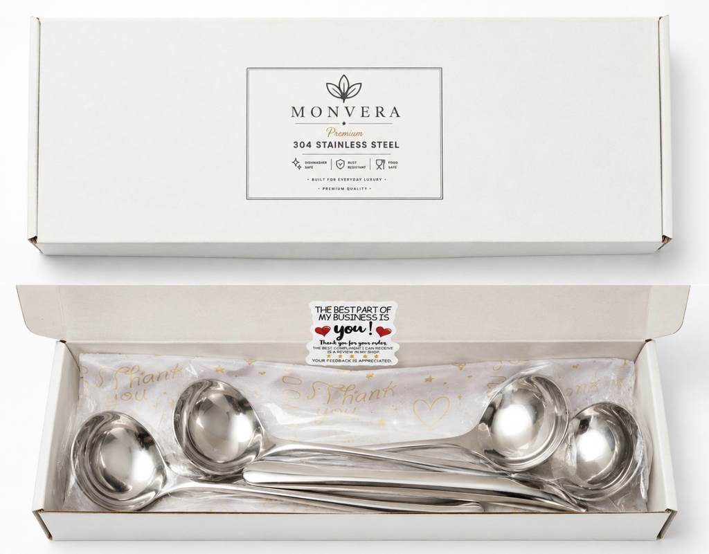 Monvera 4 Pack LARGE SUS 304 Stainless Steel Soup Spoons – Deep Round, Heavy Duty, Dishwasher Safe