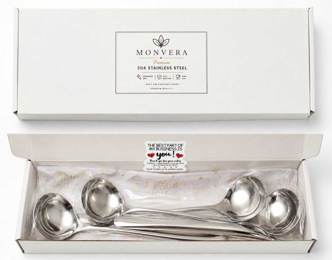 Monvera 4 Pack LARGE SUS 304 Stainless Steel Soup Spoons – Deep Round, Heavy Duty, Dishwasher Safe