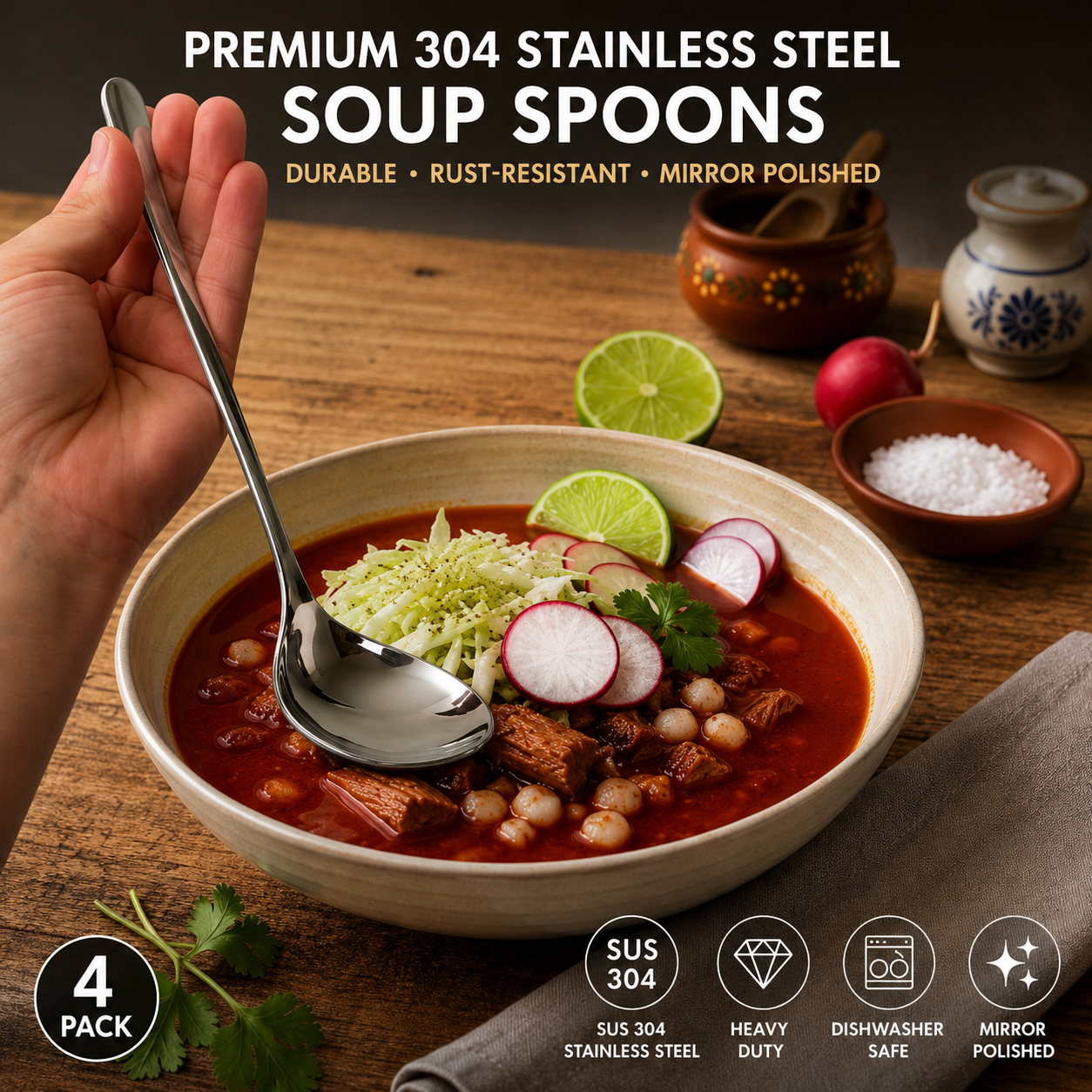 Monvera 4 Pack LARGE SUS 304 Stainless Steel Soup Spoons – Deep Round, Heavy Duty, Dishwasher Safe