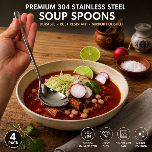 Monvera 4 Pack LARGE SUS 304 Stainless Steel Soup Spoons – Deep Round, Heavy Duty, Dishwasher Safe